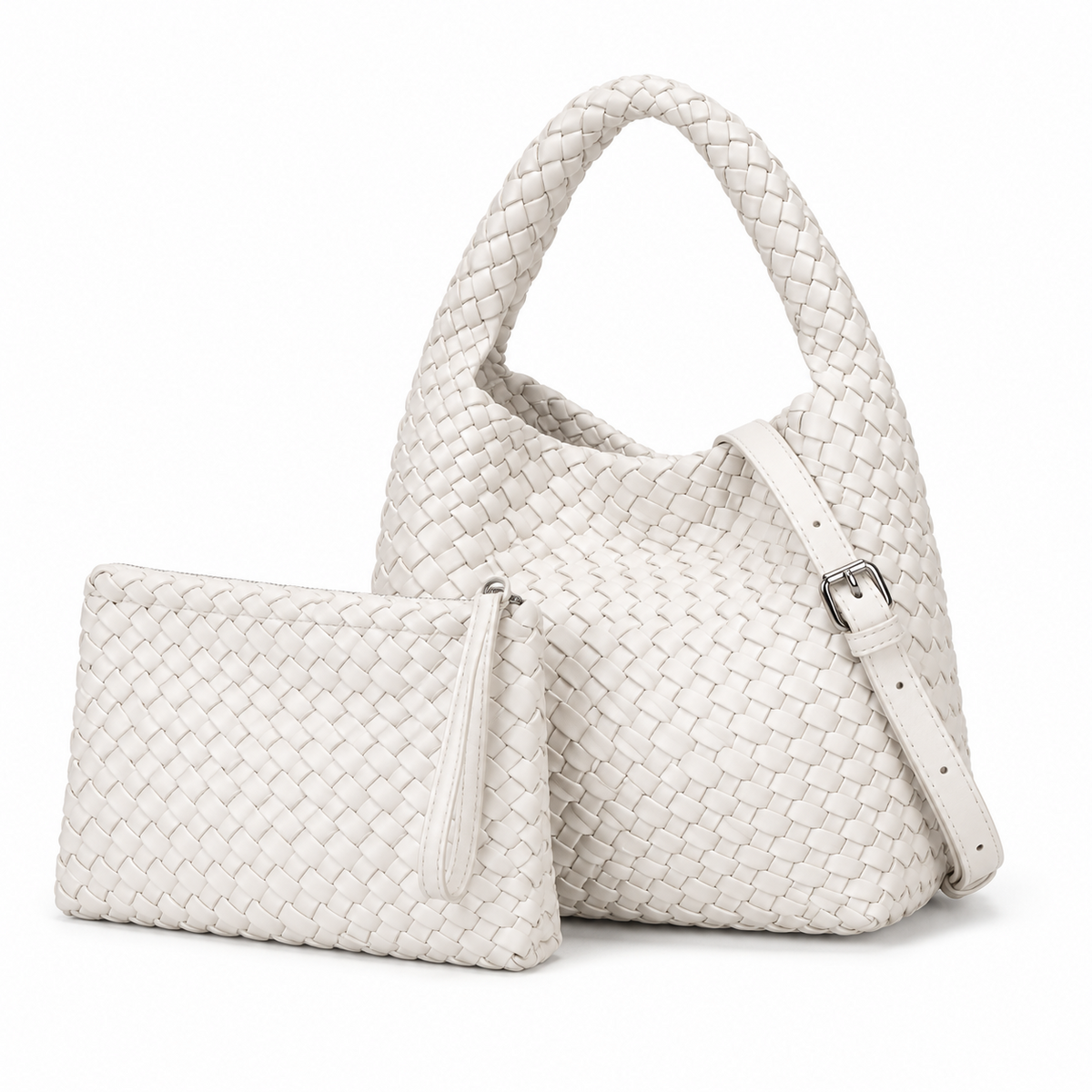 Ivory Woven Hobo Bag With Pouch