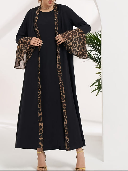 Plus Size, Graceful Women's Two-Piece Long Dress Set with Leopard Print Patchwork, Middle Eastern Pakistani Abaya Muslim Abaya 2pcs Long Sleeve Jumpsuit Casual Elegant Robe