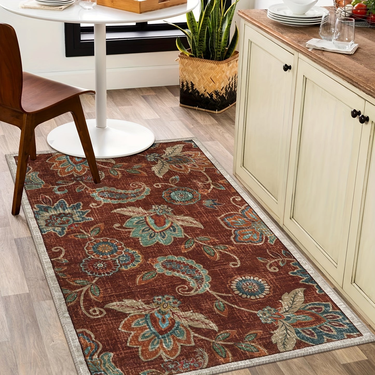 Vintage Non Slip Throw Area Rug, Floral Washable Entryway Rugs Indoor, Soft Paisley Bedroom Rug Bath Mat, Distressed Floor Chair Carpet For Living Room Entrance Dorm RV, Red