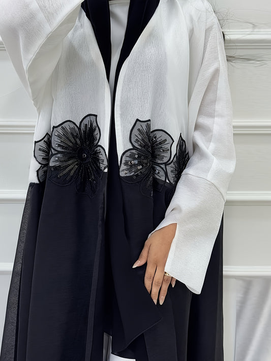 Elegant Modest Muslim Dubai Arabian Abaya Robe with Floral Embroidery - Long Sleeve Open Front, Solid Color, All-Season Wear, No Headscarf, Hand Wash or Dry Clean, Muslim Dress