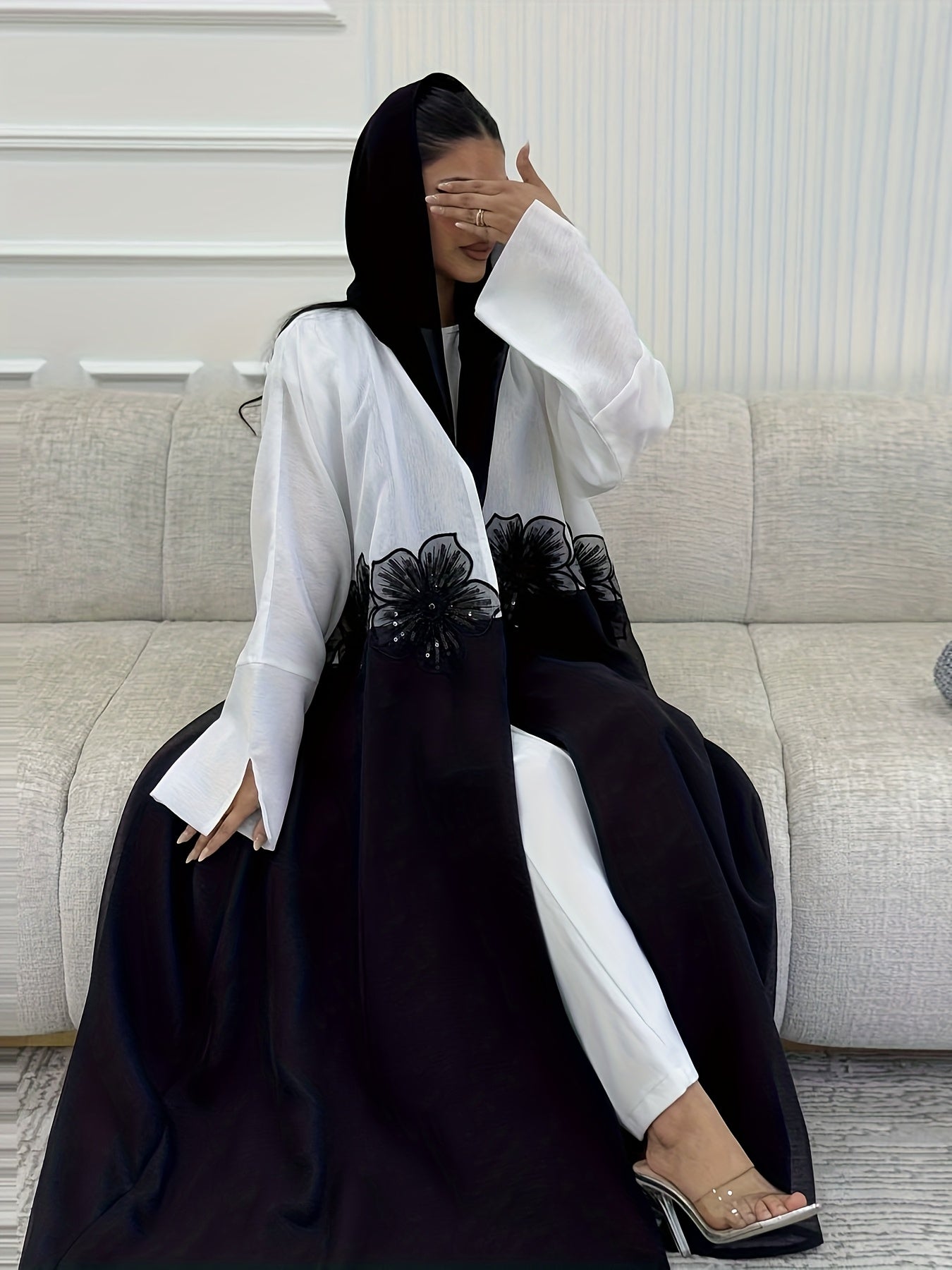 Elegant Modest Muslim Dubai Arabian Abaya Robe with Floral Embroidery - Long Sleeve Open Front, Solid Color, All-Season Wear, No Headscarf, Hand Wash or Dry Clean, Muslim Dress