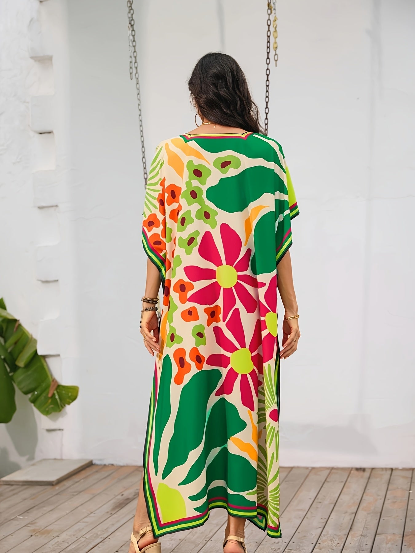 [Viscose Kaftan Dress, Boho Style] 1pc Viscose Kaftan Dress - Floral Print Casual Midi Loose Fit Beach Boho Style with Short Sleeves for Summer Resort Wear