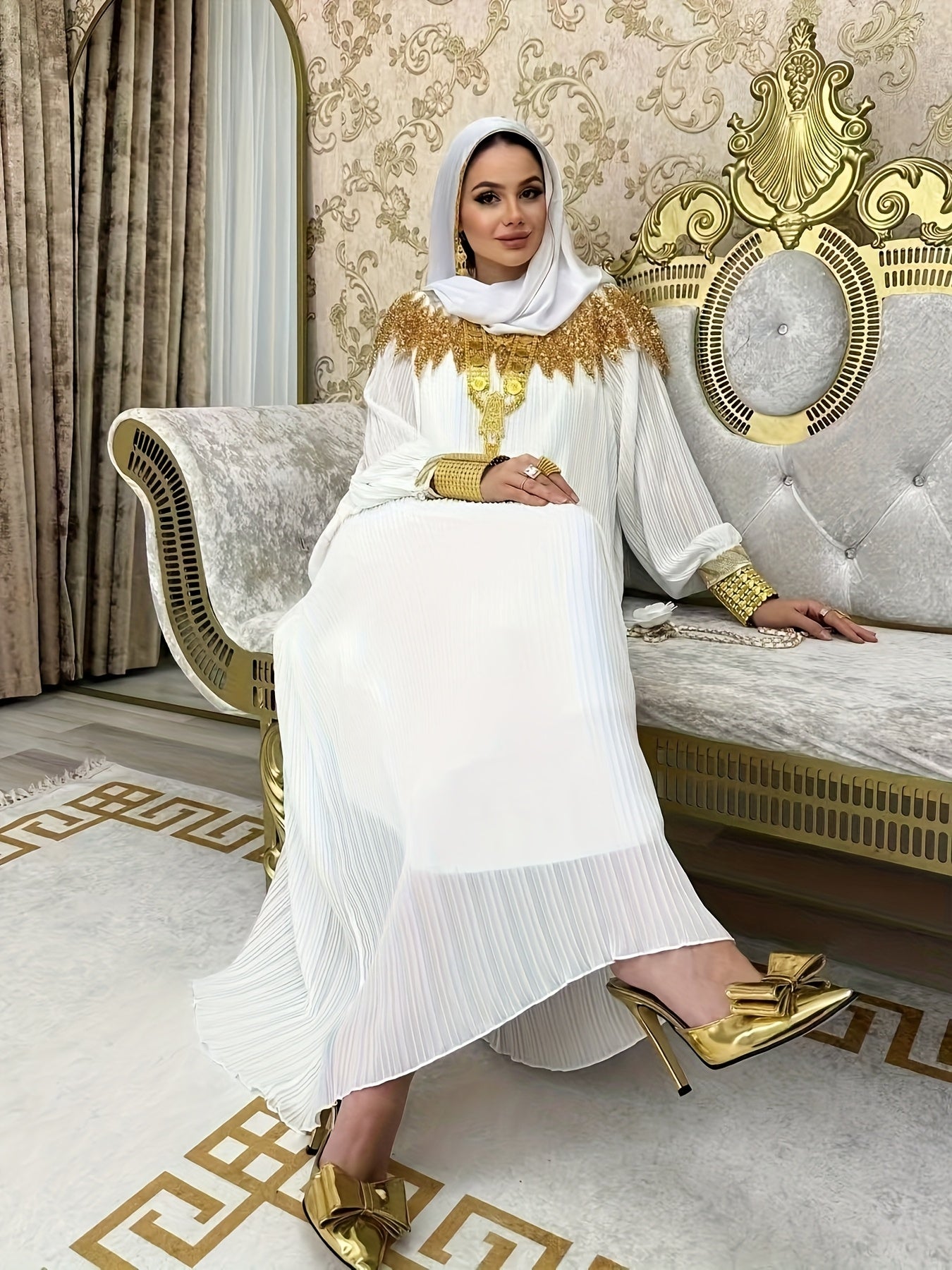 Elegant Black Sequin Gown with Golden Embellishments, Long Sleeves, and Asymmetrical Hem - Loose Fit Modern Abaya, Polyester, Perfect for Parties and Formal Events, Formal Event Attire