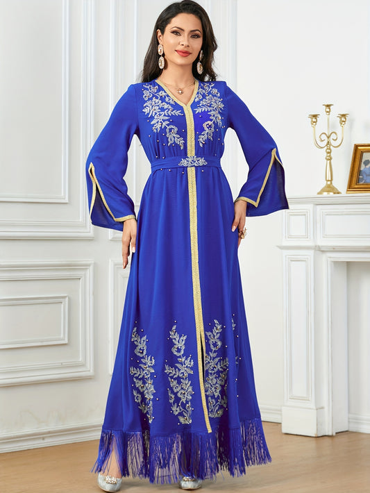 Women's Embroidered Long Sleeve Modern Abaya, 100% Polyester, Solid Color, Non-Stretch Woven Fabric, 155g/m² Weight, 90g/m² Lining, All-Season Fashion with Belt Detail