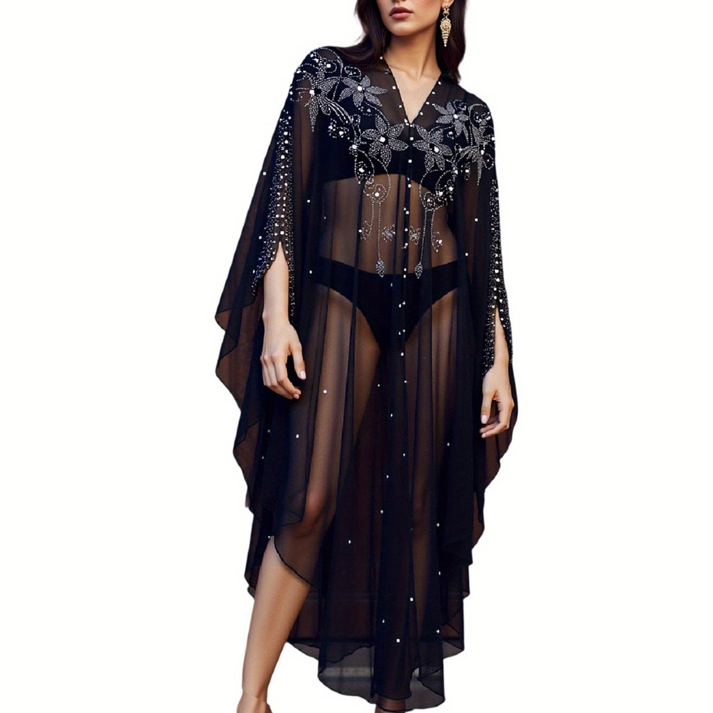 Women's Autumn Long Kaftan Dress Long Bat Sleeve Hooded Rhinestone Cape Abaya Arab Dress