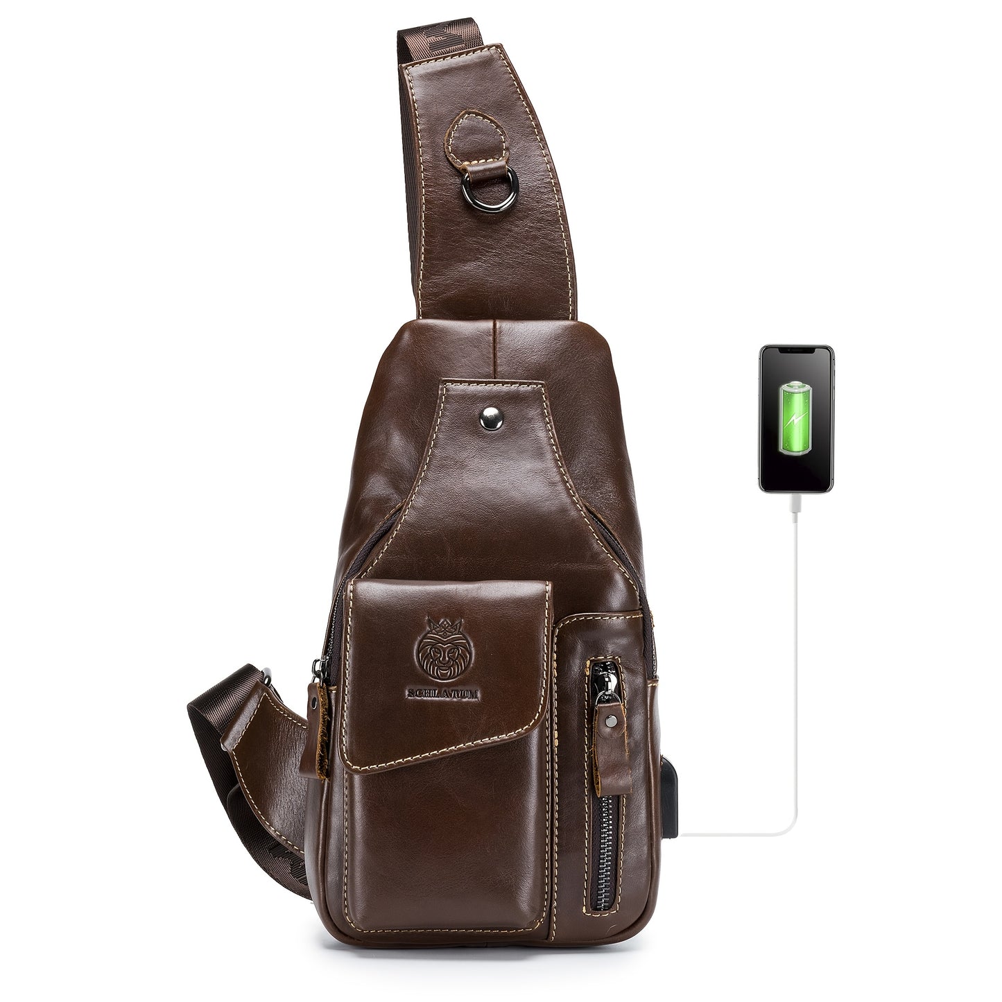 Genuine Top-Grain Leather Sling Bag for Men, Casual Rivet Chest Pack with Magnetic Closure, USB Charging Port, Non-Textile Weaving