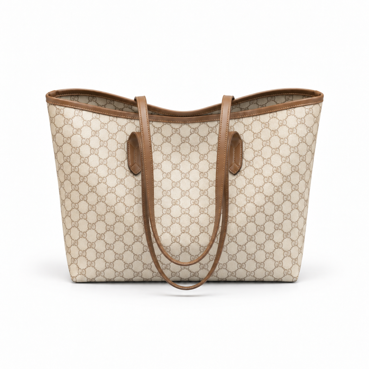 Beige Monogram Brown Trim Tote Bag