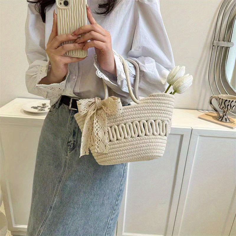 Handbag Women's Straw Basket Handmade Bag Holiday Picnic Spring Trip Photo Beach Bag Single Shoulder Woven Small Bag Elegant Lady