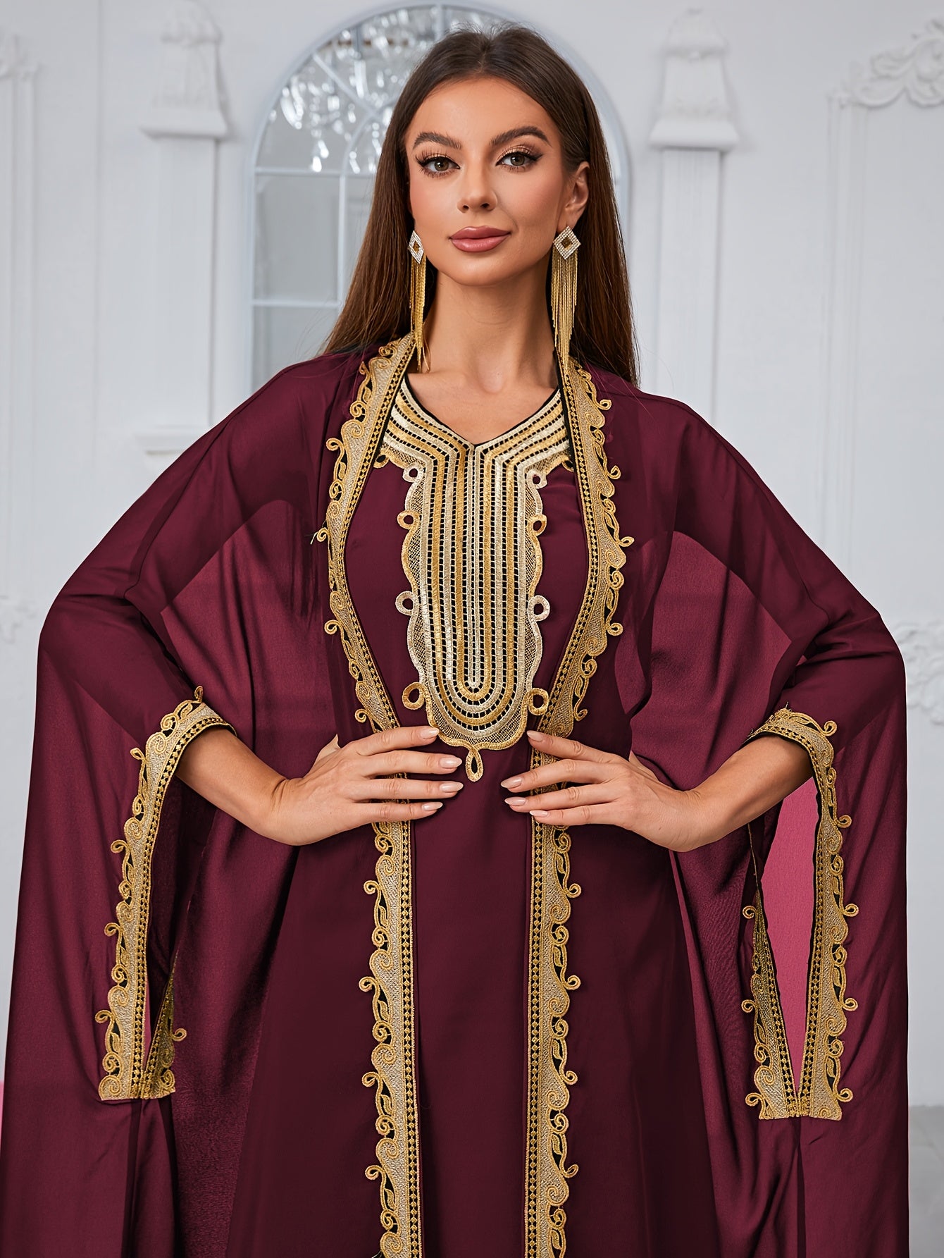 Elegant Women's Embroidered Lace Evening Dress Gown - Maroon & Golden Two-Piece Set with Intricate Lace Detailing, Perfect for Formal Events, Formal Evening Wear|Lace Embroidery|Elegant Gown Abaya