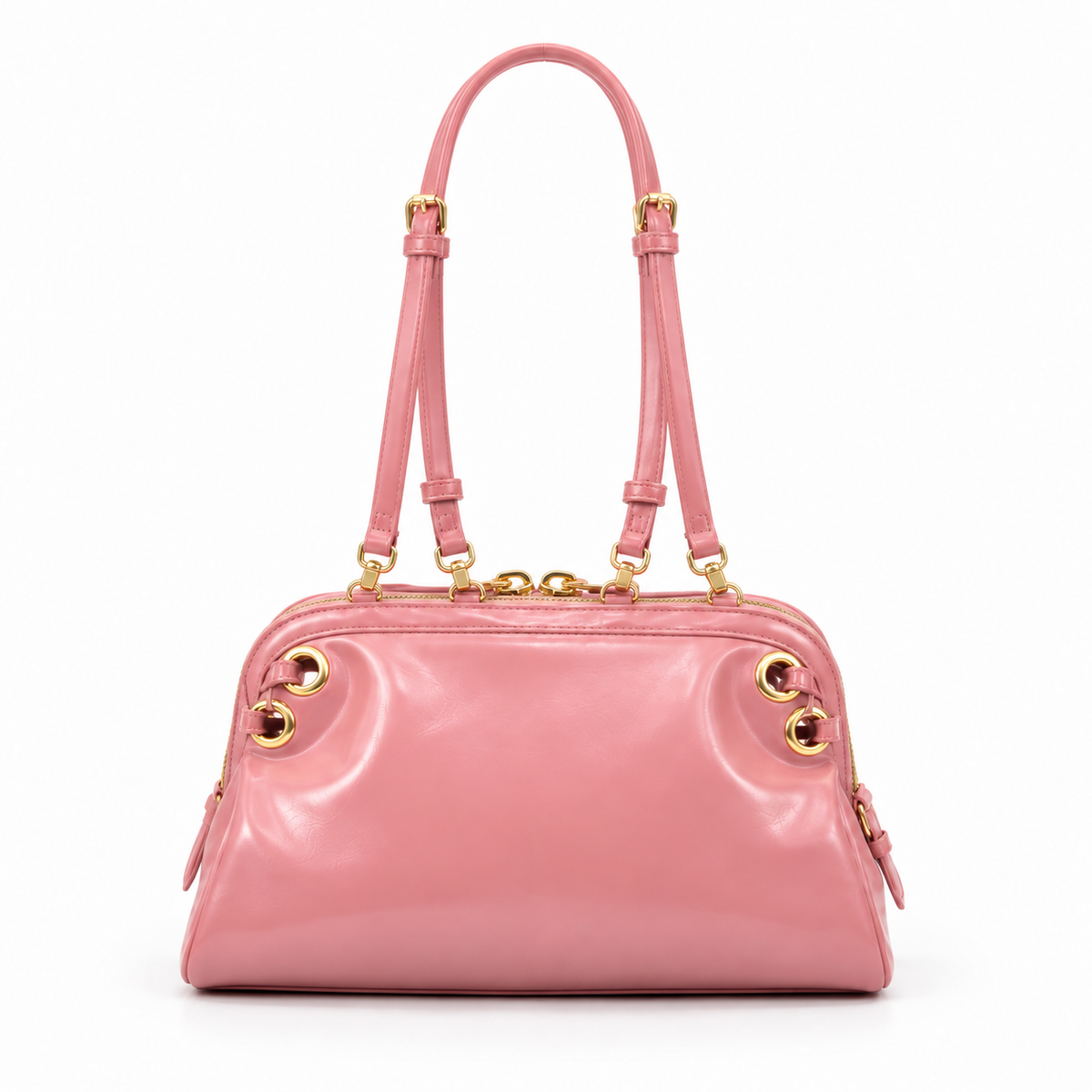 Glossy Pink Gold Accent Shoulder Handbag
