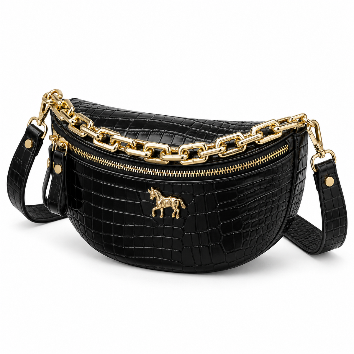 Black Crocodile Embossed Gold Chain Waistbag