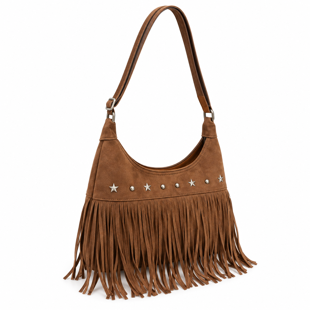 Vintage Brown Star Studded Fringe Shoulder Bag