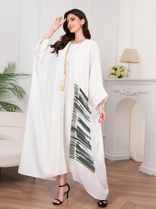 Elegant Women's Middle Eastern-Inspired Kaftan Cardigan - Long Sleeve, Open Front Abaya, Batwing Sleeves, Loose Fit, Golden Trim, Tribal Print, Perfect for Spring/Summer/Fall/Autumn