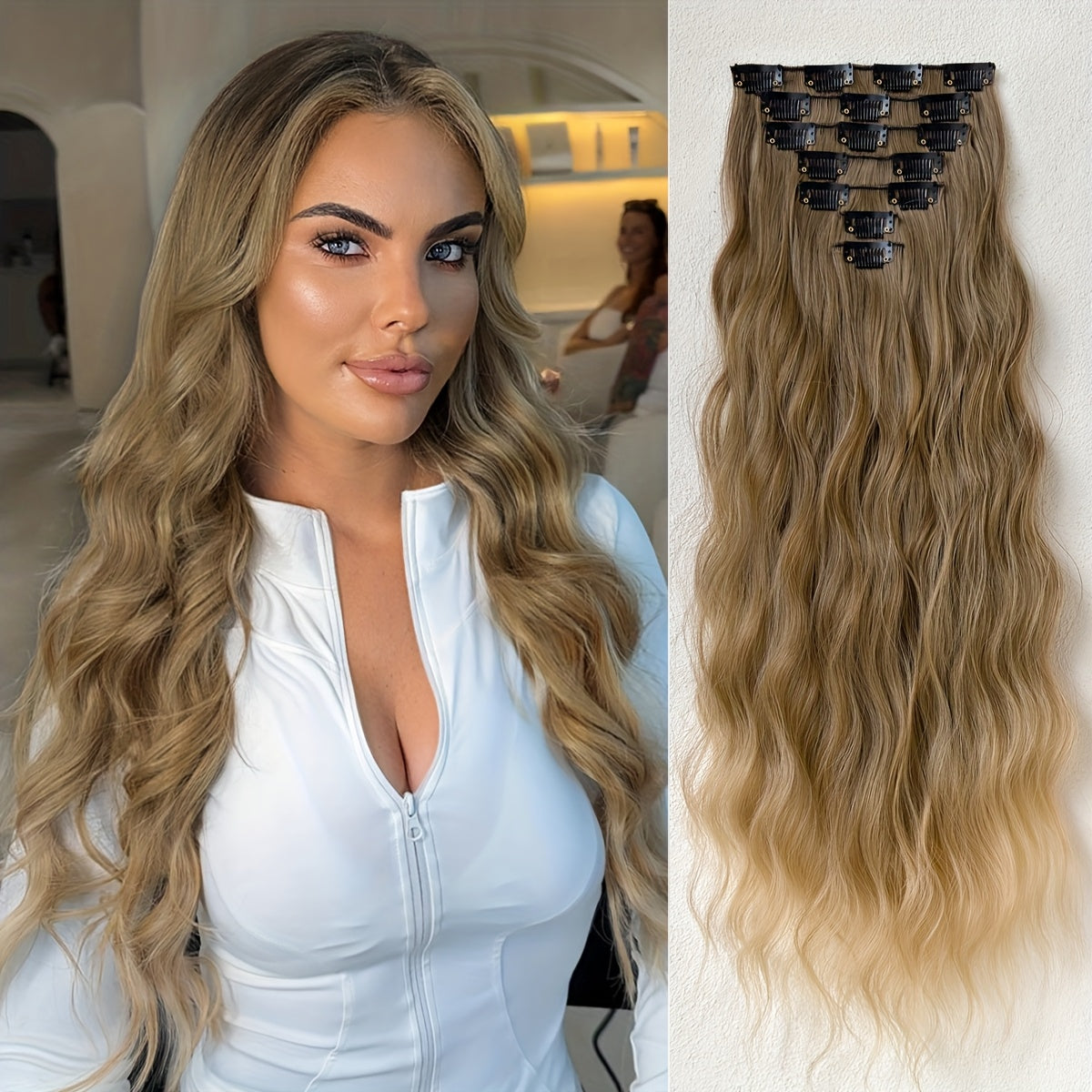 24 Inch Long, Easy to Apply, Heat Resistant Clip-in Hair Extensions, 7pcs Curly Wave Synthetic Hairpiece, Black Brown for Women, Party Ready, No Tools Required