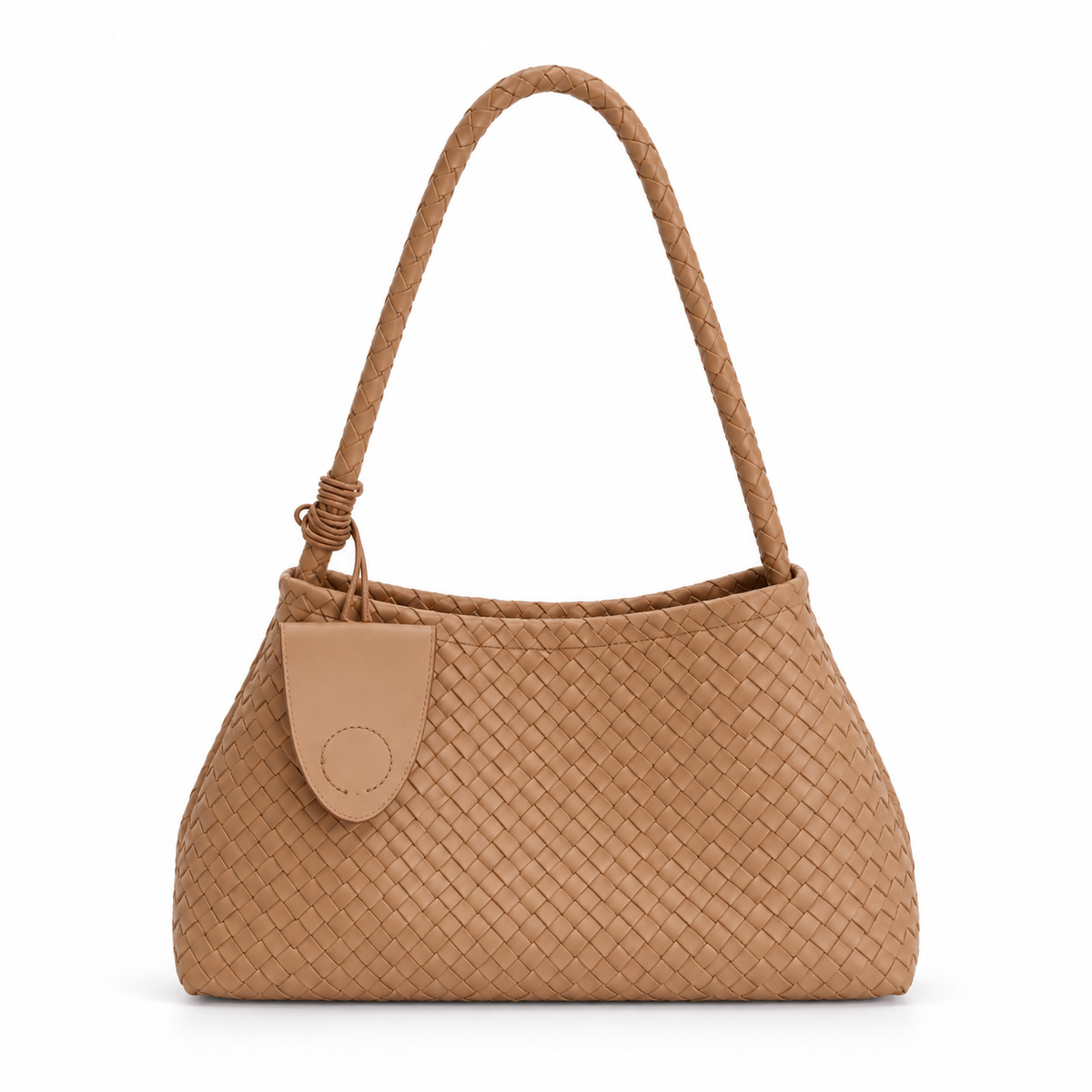 Khaki Woven Shoulder Bag With Charm