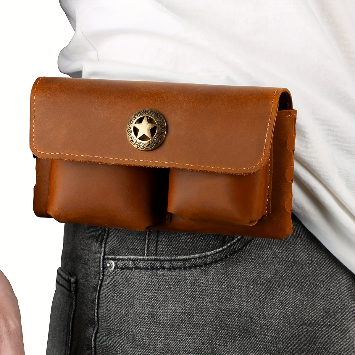 Men's Genuine Leather Sling Bag Phone Holder - Adjustable Leather Belt Pack with Metal Buckle, Multi-Compartment Organizer for Outdoor Hiking