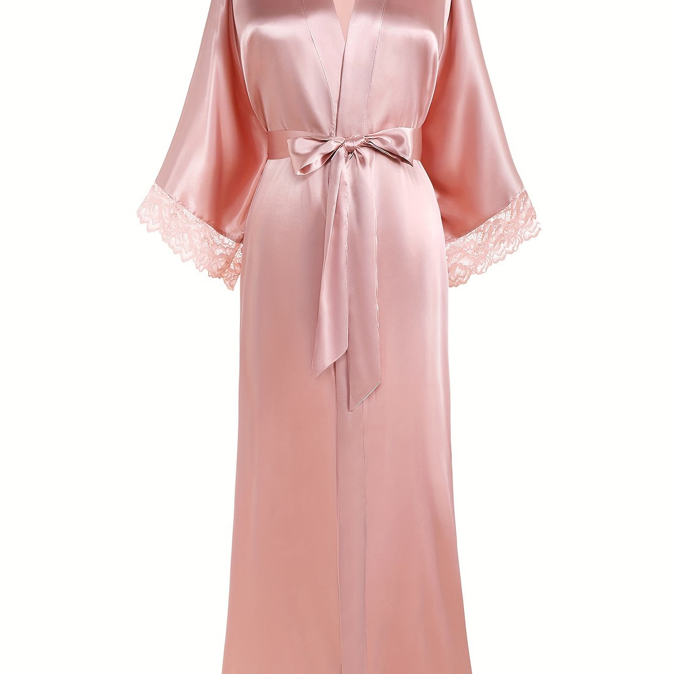 Satin Kimono Robe Long Bridesmaid Wedding Bath Robe With Lace Trim