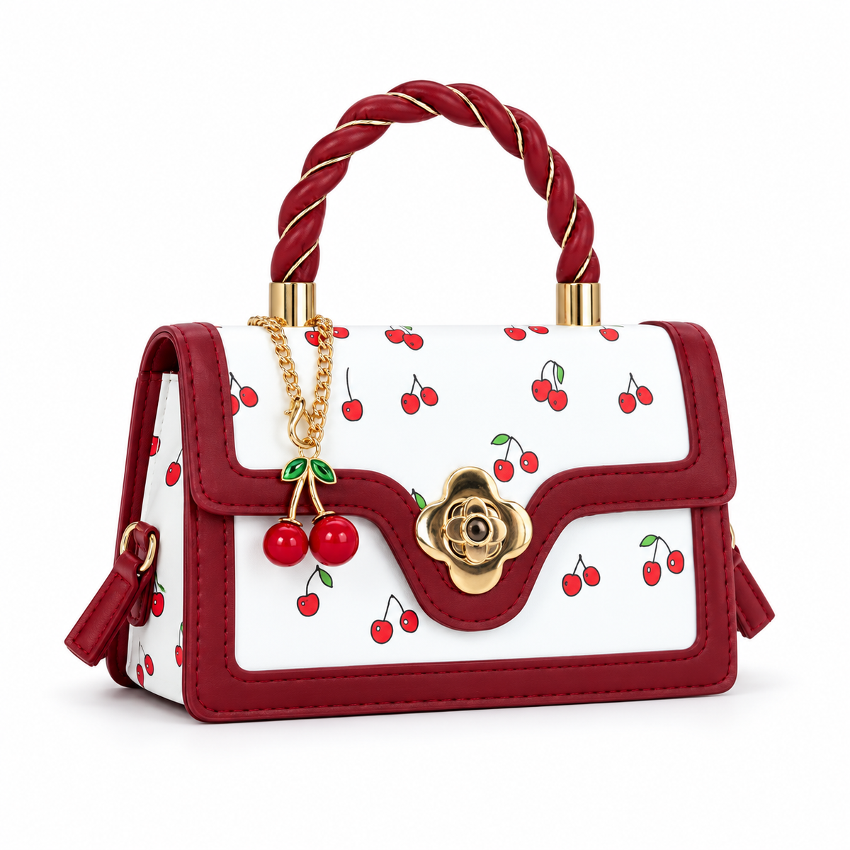 Cherry Print Handbag With Twisted Handle