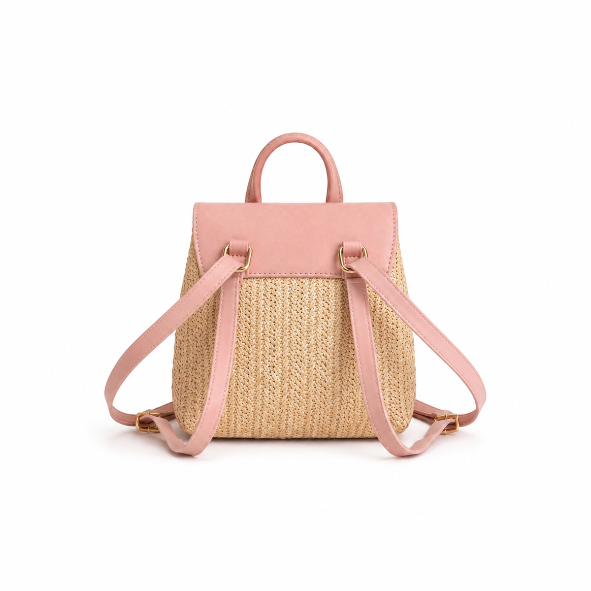 Blush Pink Straw Woven Mini Backpack Handbag