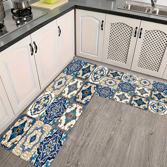 Sponge Thickness 10mm Density 18D Square Meter Weight 500g Set of 1/2/3 Kitchen Bathroom Rugs, Decorative Mats with Traditional Portuguese or Moorish