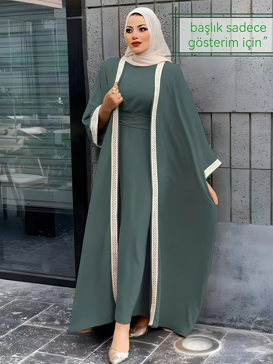 Saudi Arabian Muslim Women's Modest Dress for Eid Dubai Solid Color Arabic Abaya | Islamic Holiday Party Solid Color Turkish Style Long Dress Two-Piece Set | Fashionable Women's Wear