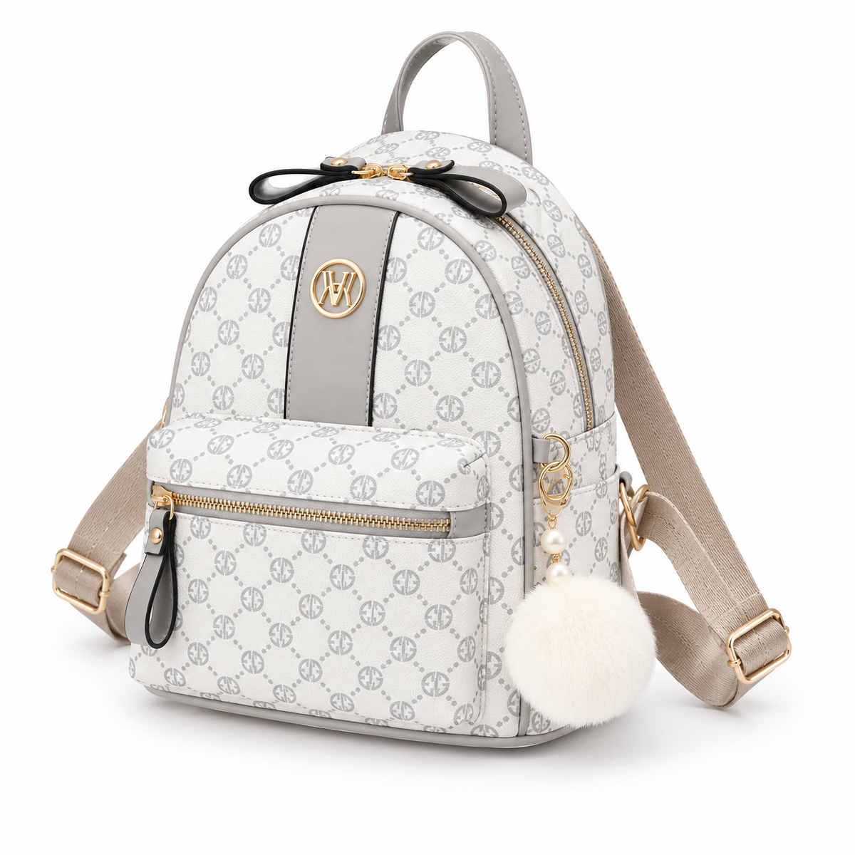 Elegant White Monogram Backpack With PomPom