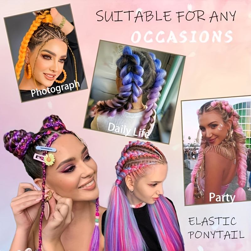26 Inch Rainbow Synthetic Braided Hair Extensions - Luminous Twisted Hair with Vibrant Gradient Colors (Pink to Blue to Purple), Easy Clip-In for Women, Versatile Hairpiece for Parties & Casual Outfits, Party Hairpiece, Gradi