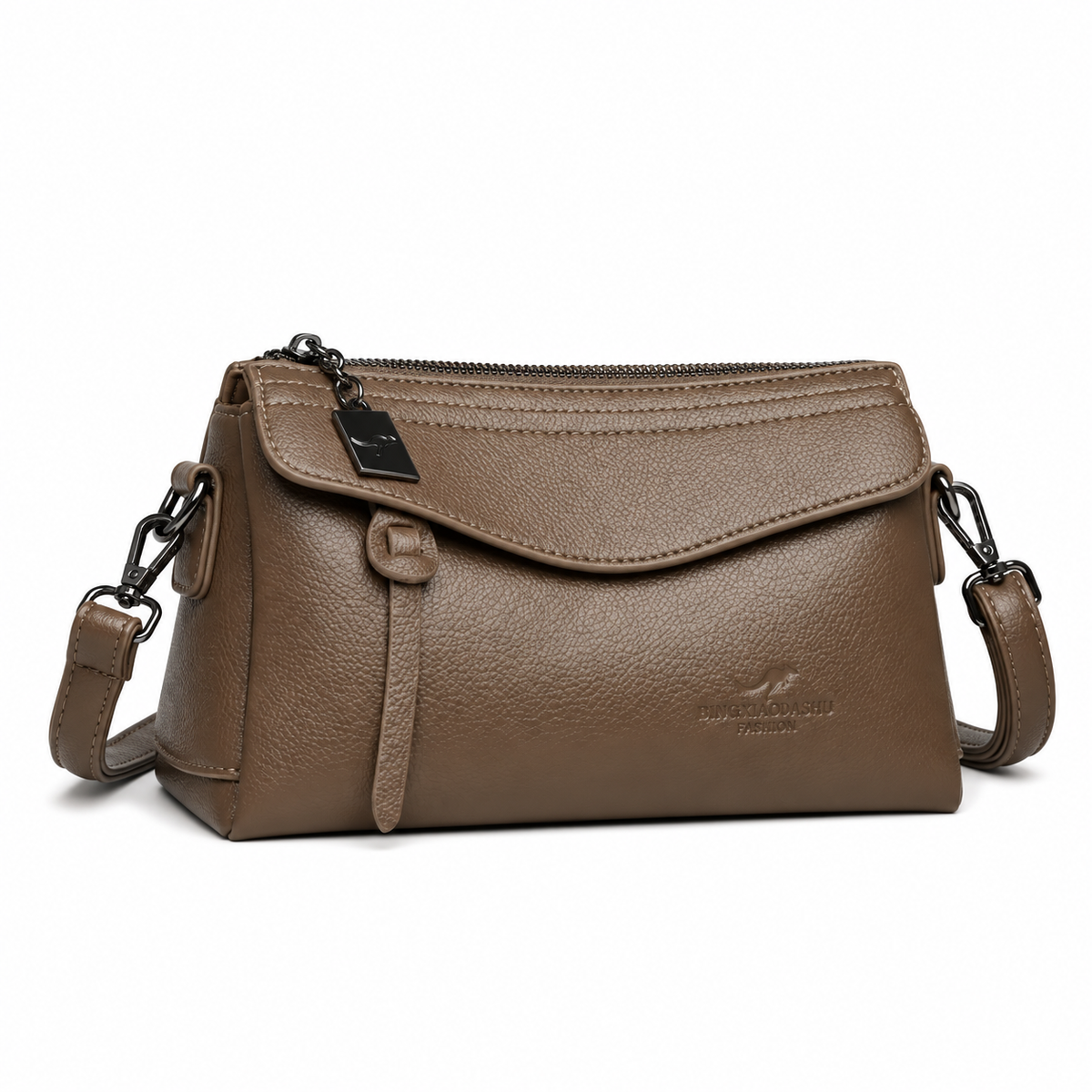 Khaki Pebbled Leather Crossbody Shoulder Bag