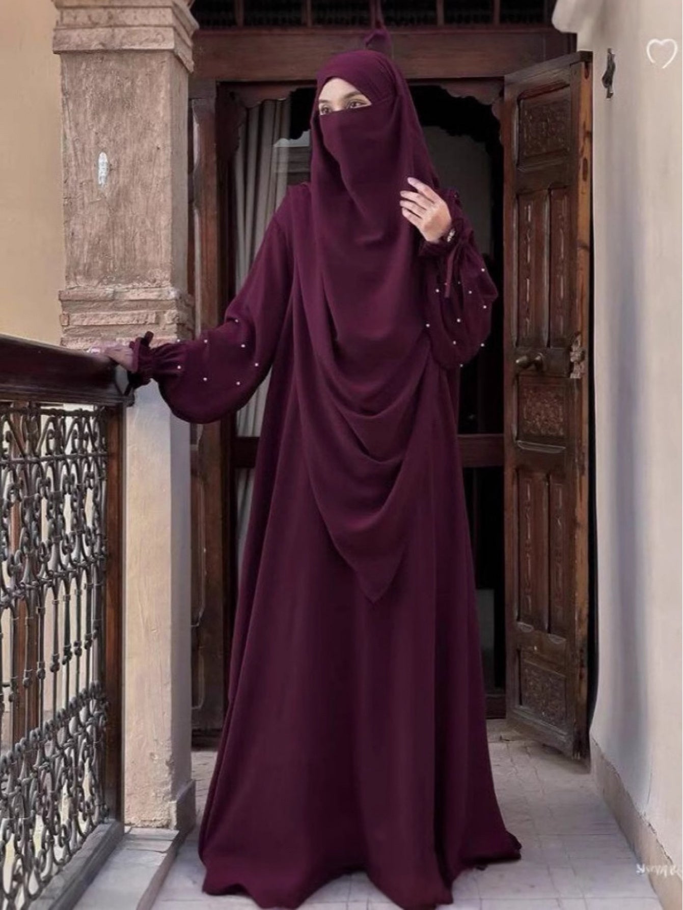 Middle Eastern Solid Color Women's Arabic Abaya with Pearl Sleeves and Long Scarf Set, Perfect for Daily Wear, Travel, and Ramadan Prayers