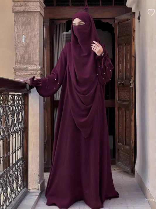 Middle Eastern Solid Color Women's Arabic Abaya with Pearl Sleeves and Long Scarf Set, Perfect for Daily Wear, Travel, and Ramadan Prayers