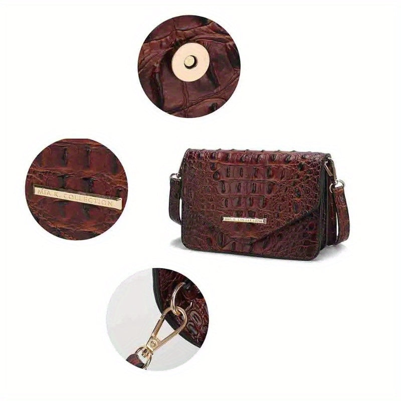 Saddle Croc-Embossed Leather Crossbody Shoulder Bag - Top-Grain Genuine Leather, Detachable Strap, Zipper Closure