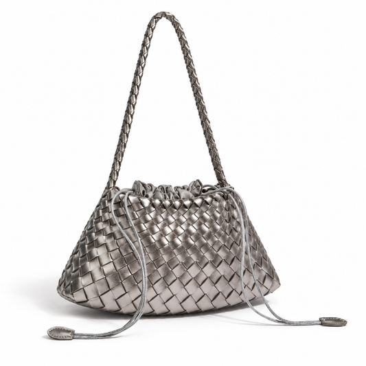 Metallic Silver Woven Drawstring Shoulder Bag