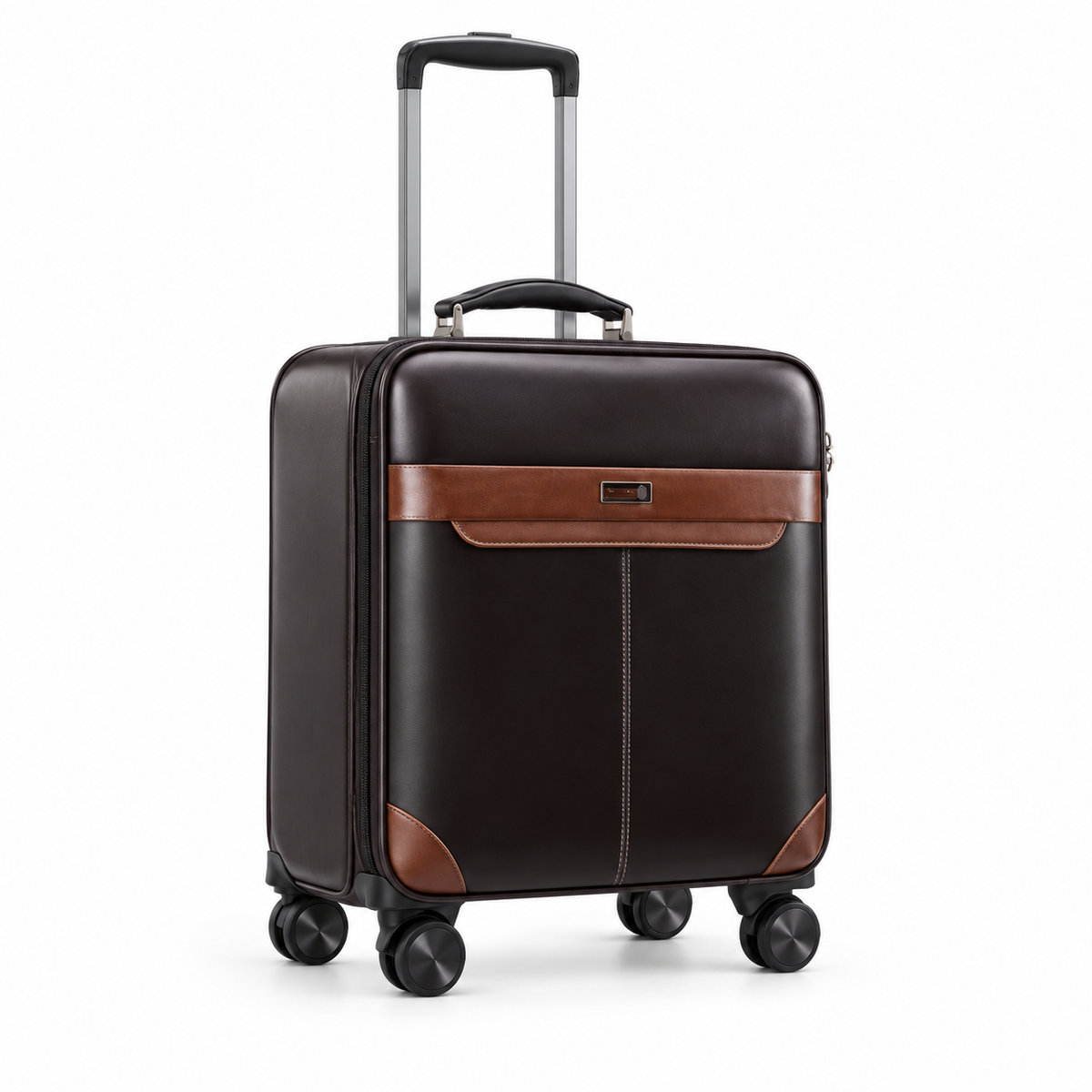 Brown Trim Leather Trolley Travel Suitcase