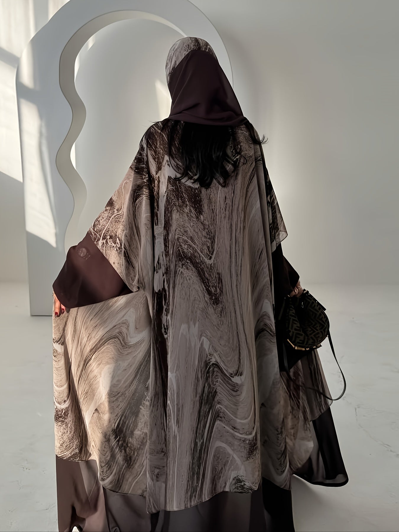 Elegant Brown Floral Print Abaya with Headscarf - Stylish Loose Fit, Long Sleeve, Button-Up Cardigan for Women, Perfect for Casual or Formal Occasions, Casual Wear|Floral Print Abaya