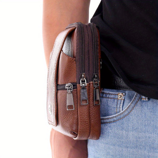 Men's Genuine Leather Phone Belt Bag - Casual Style, Multi-Functional Belt Pouch with Multiple Compartments, Lightweight & Durable