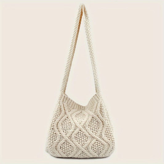 Large Capacity Literary Crochet Shoulder Bag, Women's Simple Woven Handbag for Shopping