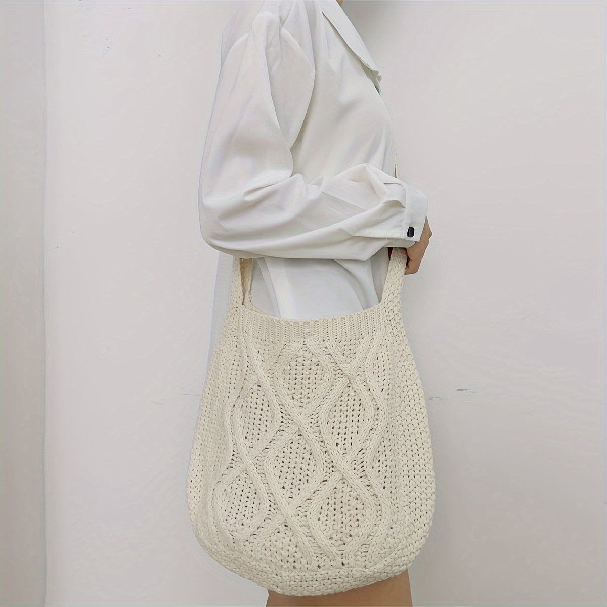 Large Capacity Literary Crochet Shoulder Bag, Women's Simple Woven Handbag for Shopping