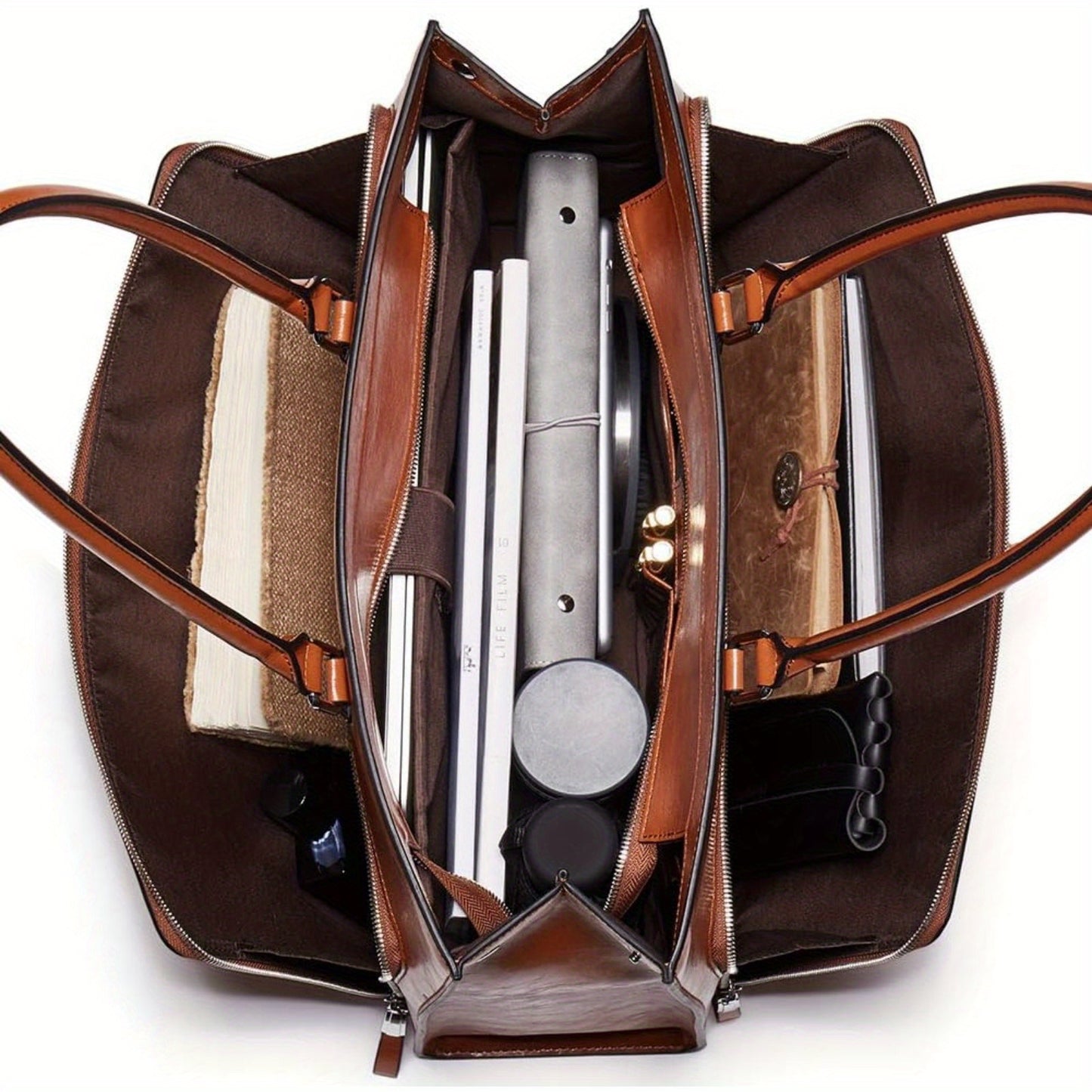 15.6 inch Leather Briefcase for Women Vintage Laptop Bag Brown Business Shoulder Handbag