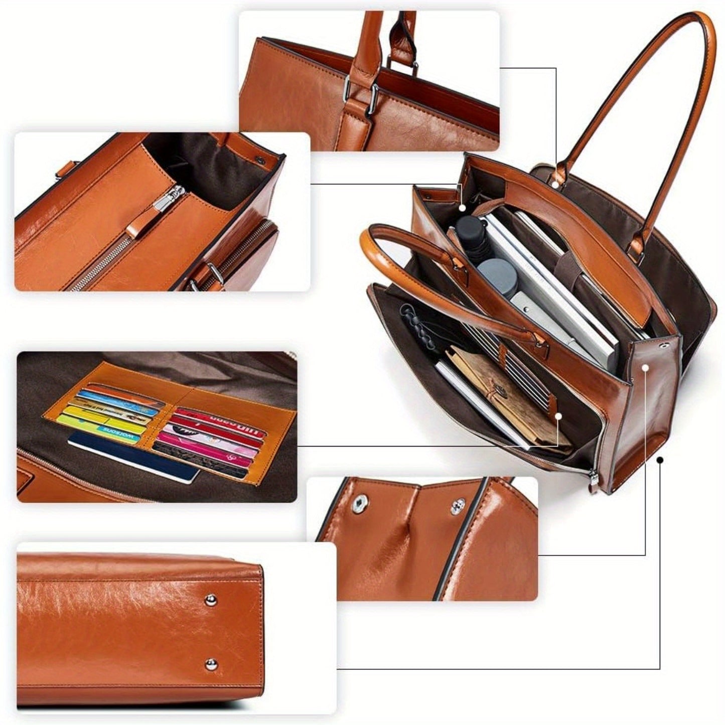 15.6 inch Leather Briefcase for Women Vintage Laptop Bag Brown Business Shoulder Handbag