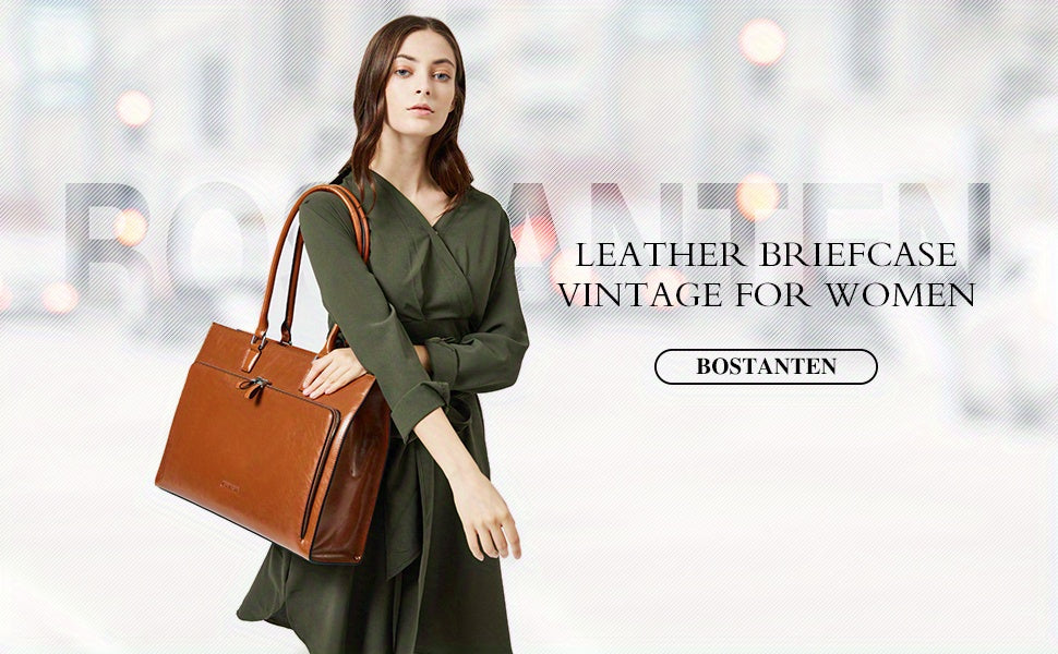 15.6 inch Leather Briefcase for Women Vintage Laptop Bag Brown Business Shoulder Handbag