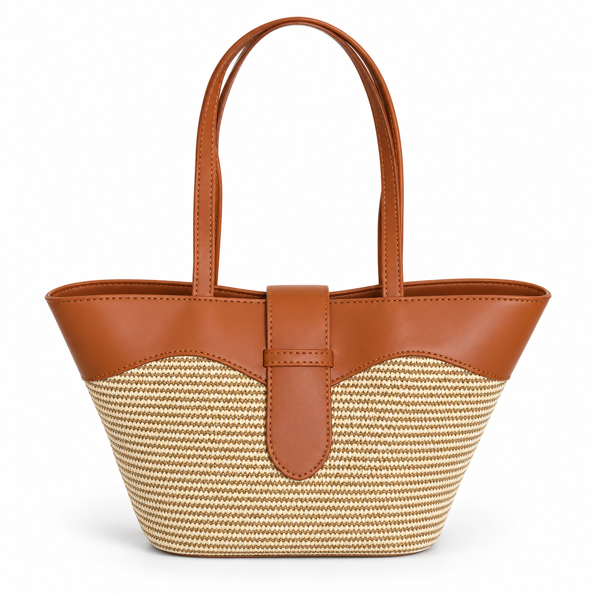 Elegant Beige Woven Brown Trim Tote