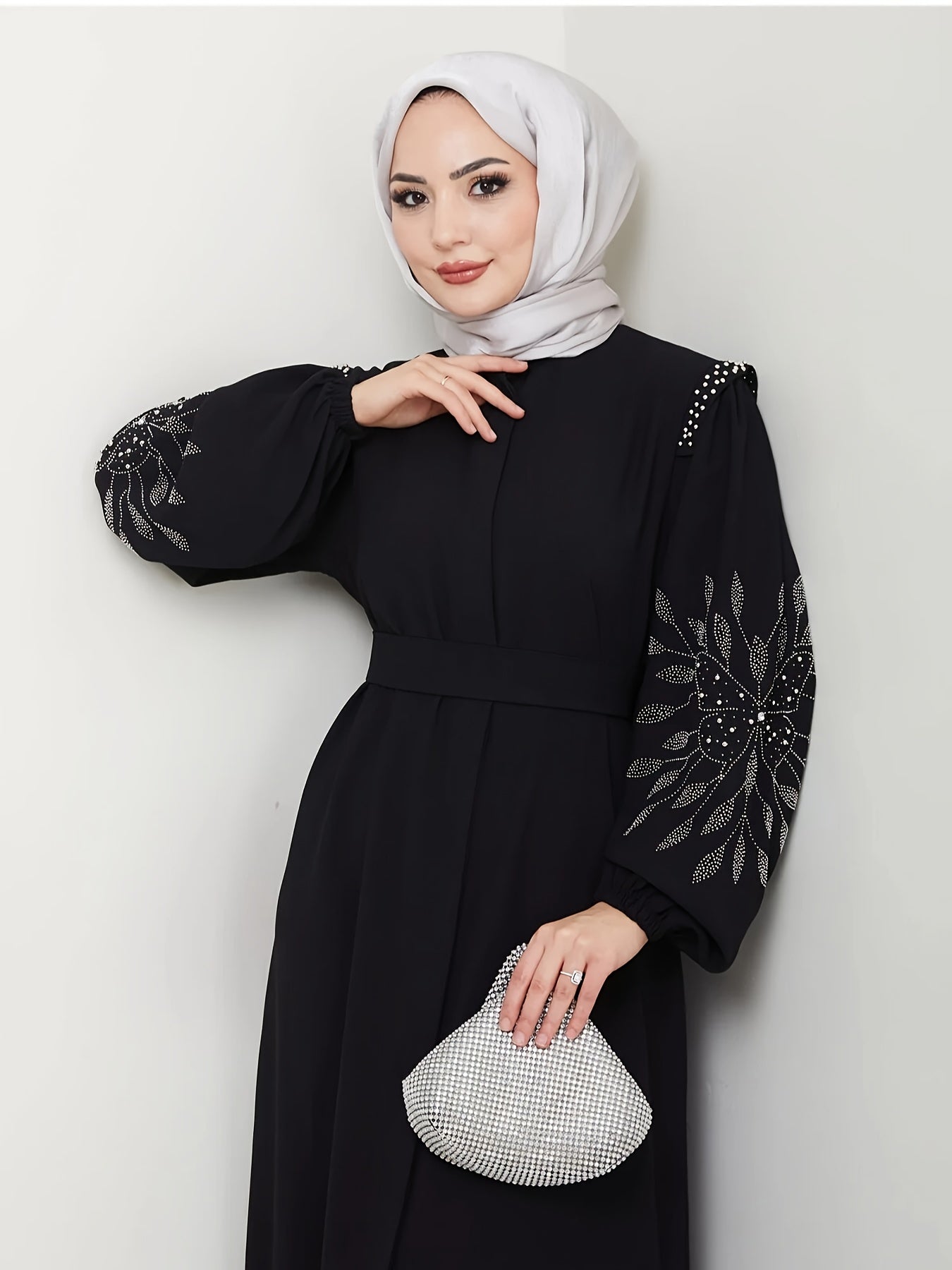 Elegant Middle Eastern-Inspired Rhinestone & Pearl Embellished Long Palestinian Abaya Dress - 100% Polyester Solid Black Floor-Length with Belt, Hand Wash Only for Modest Women