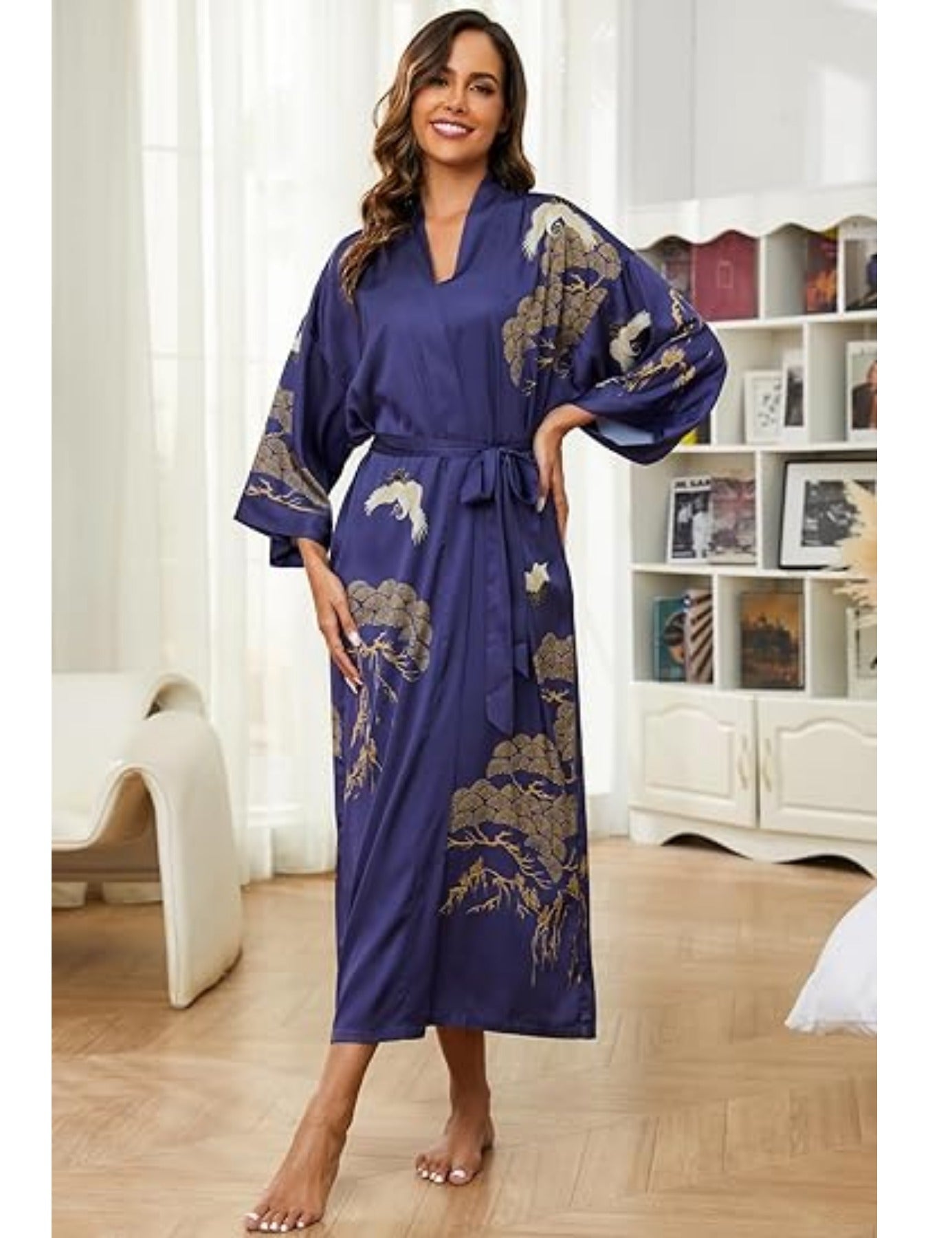 Women's Kimono Robe Long Bathrobe Women's Pajamas Floral Print Wedding Robe Nightgown Satin Bridesmaid Robe