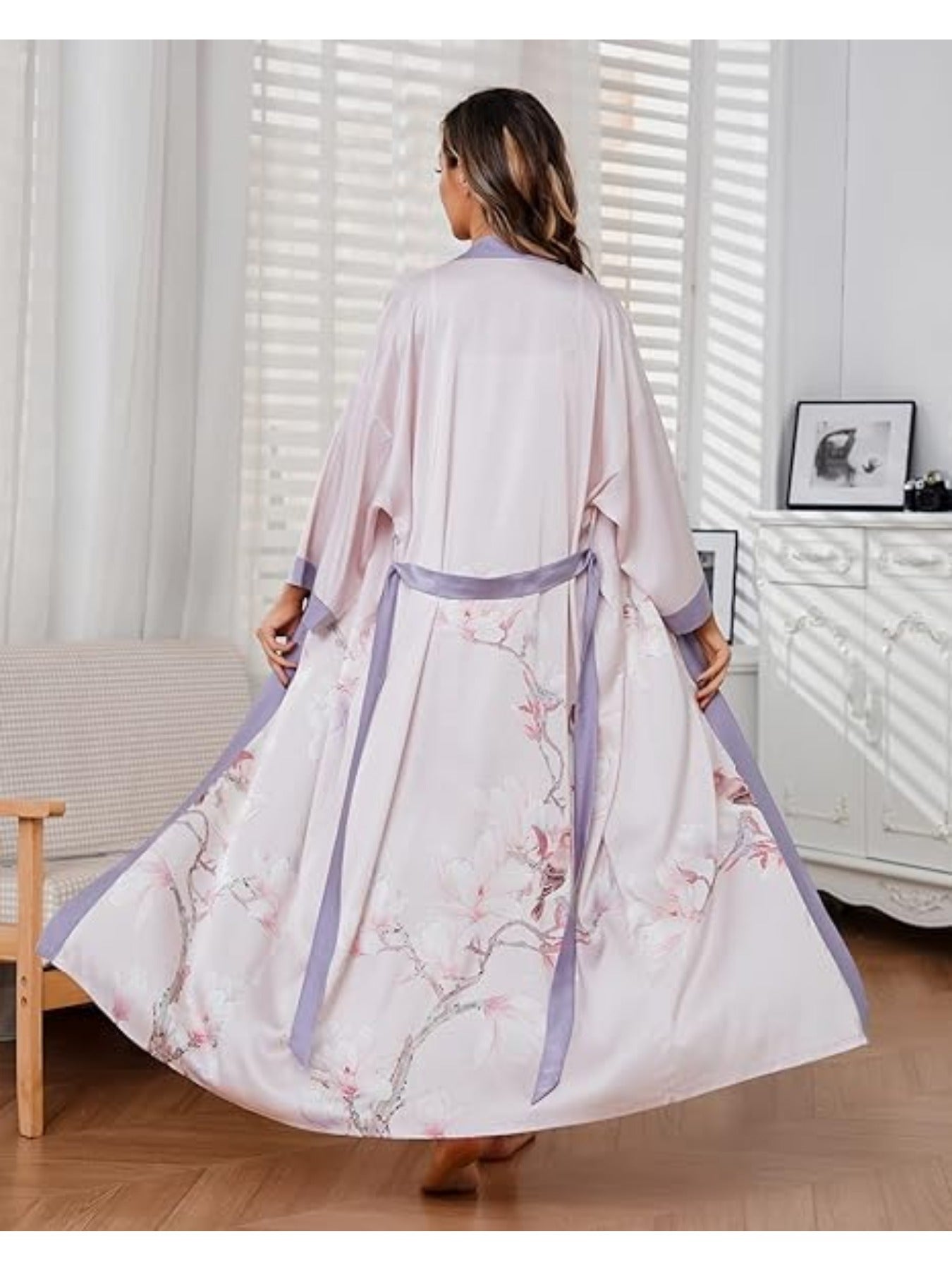 Women's Kimono Robe Long Bathrobe Women's Pajamas Floral Print Wedding Robe Nightgown Satin Bridesmaid Robe