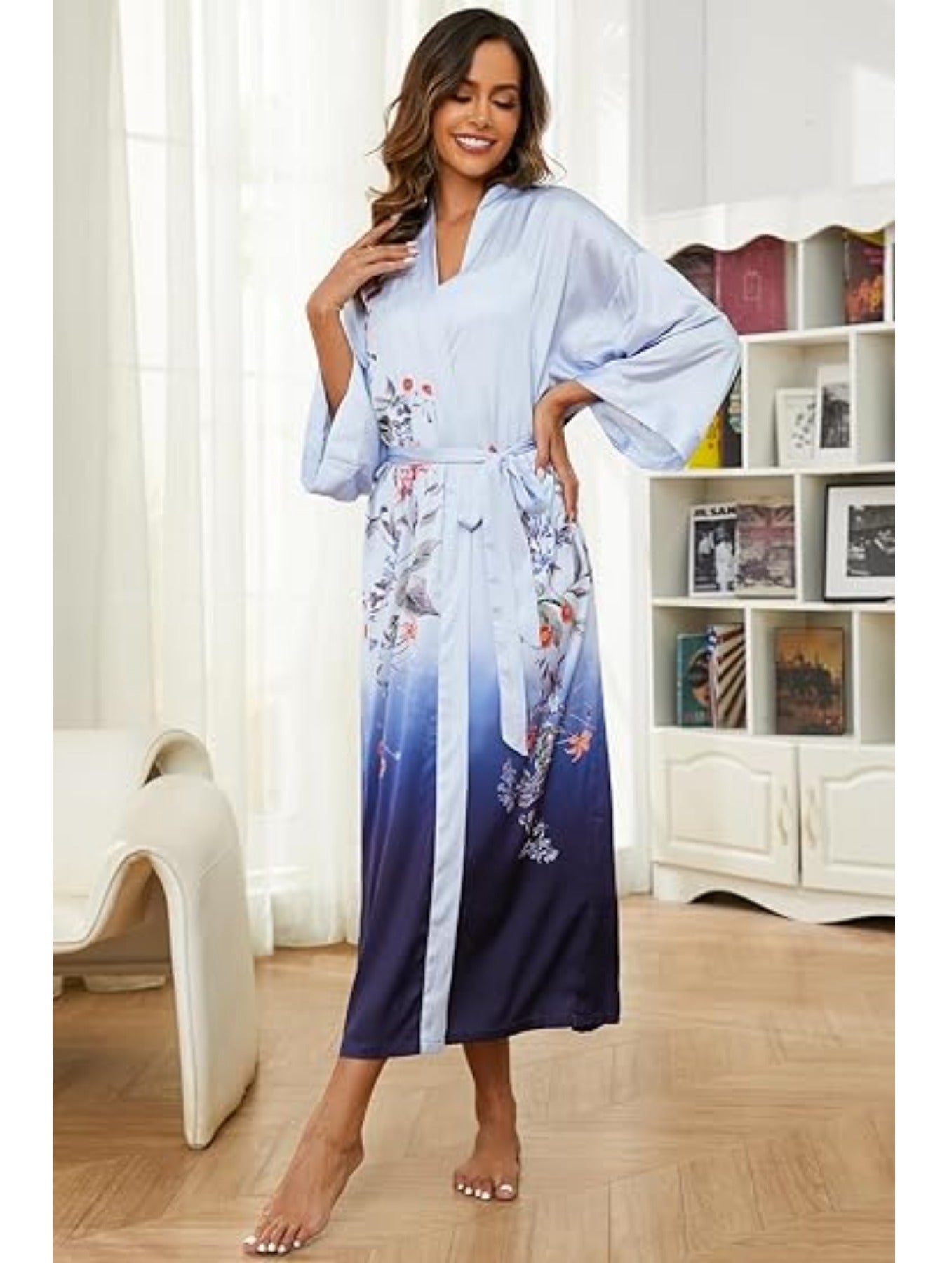 Women's Kimono Robe Long Bathrobe Women's Pajamas Floral Print Wedding Robe Nightgown Satin Bridesmaid Robe