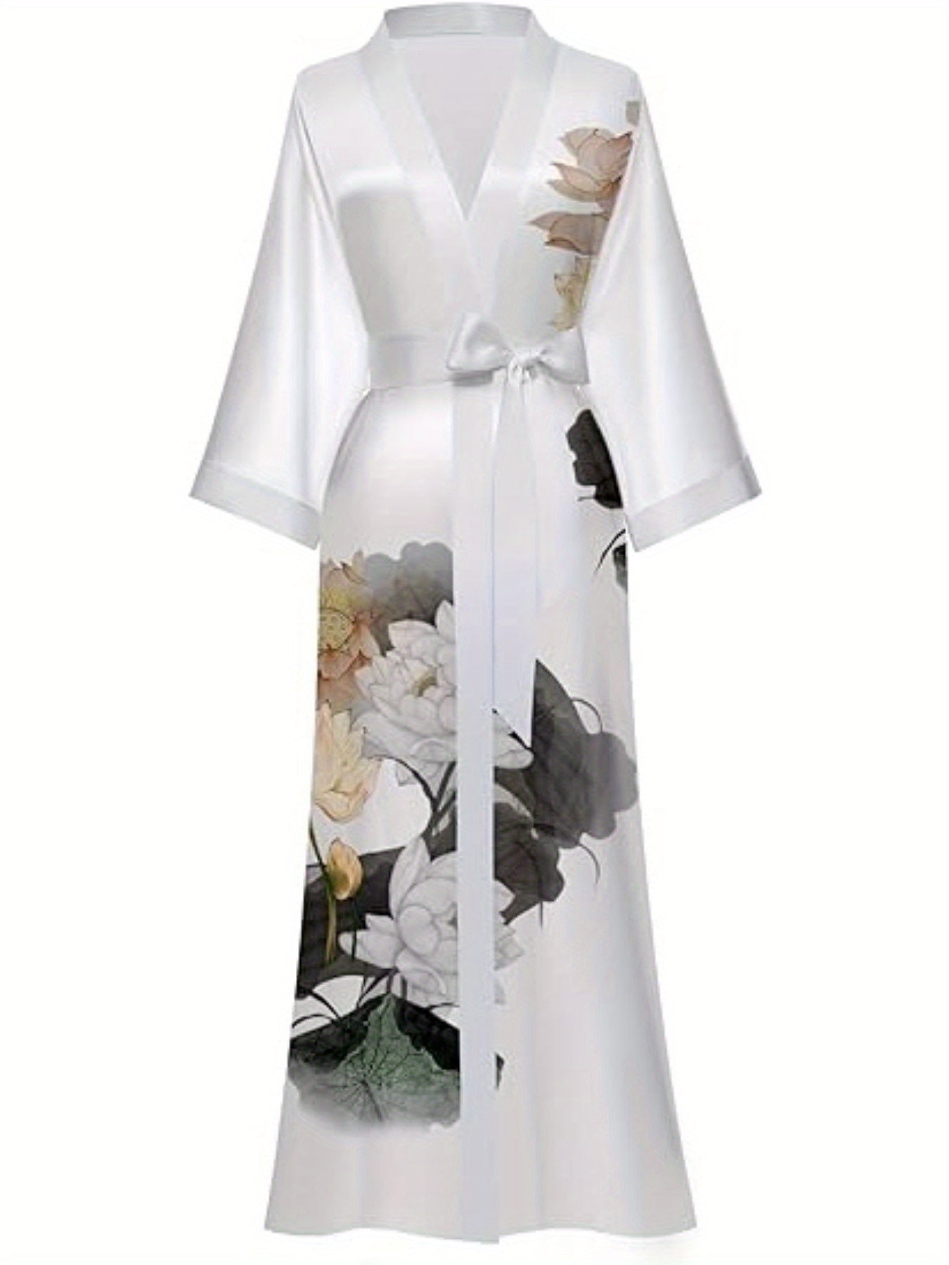 Women's Kimono Robe Long Bathrobe Women's Pajamas Floral Print Wedding Robe Nightgown Satin Bridesmaid Robe