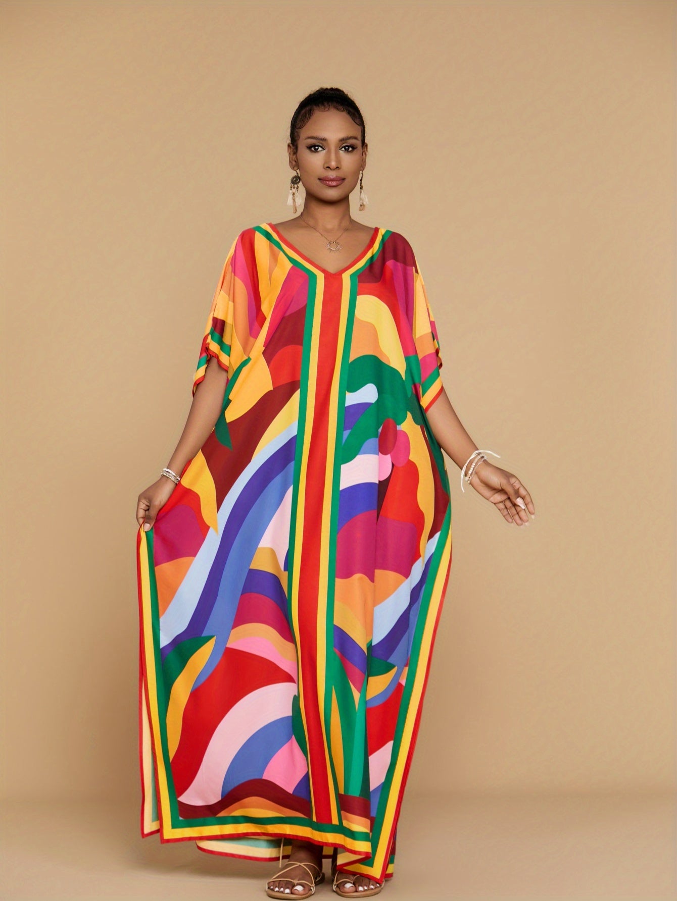 [Coconut Tree Printed Kaftan Dress] Christmas Red Yellow Coconut Tree Printed Kaftan Dress - Four Side Elastic Long Beach Holiday Style V-Neck Loose Large Size Swimwear Cover Up Ethnic Style Casual Home Robe