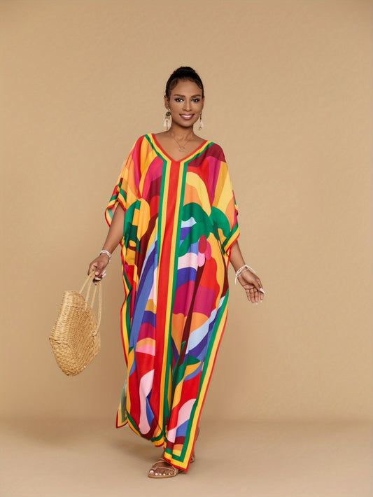[Coconut Tree Printed Kaftan Dress] Christmas Red Yellow Coconut Tree Printed Kaftan Dress - Four Side Elastic Long Beach Holiday Style V-Neck Loose Large Size Swimwear Cover Up Ethnic Style Casual Home Robe