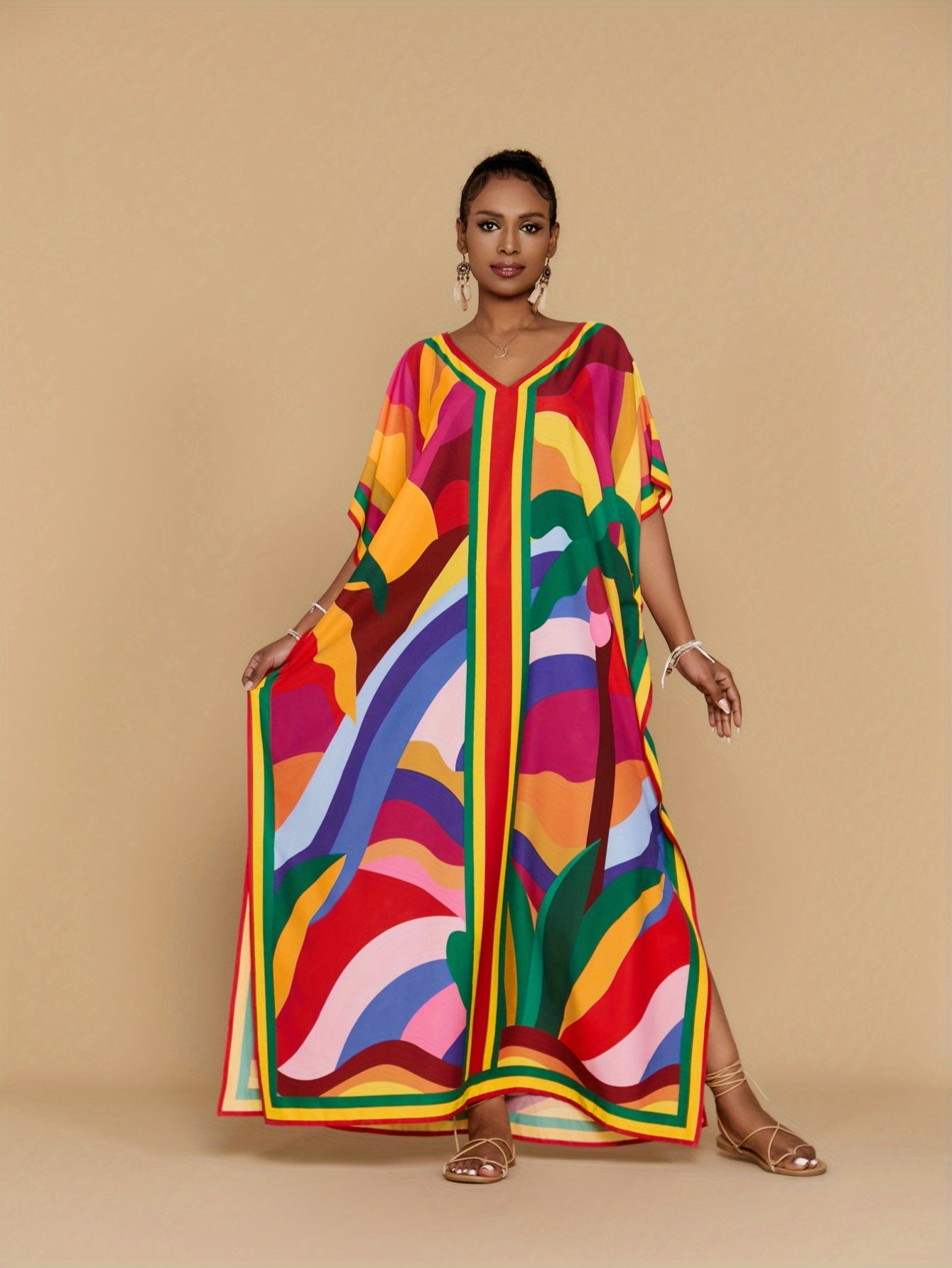 [Coconut Tree Printed Kaftan Dress] Christmas Red Yellow Coconut Tree Printed Kaftan Dress - Four Side Elastic Long Beach Holiday Style V-Neck Loose Large Size Swimwear Cover Up Ethnic Style Casual Home Robe