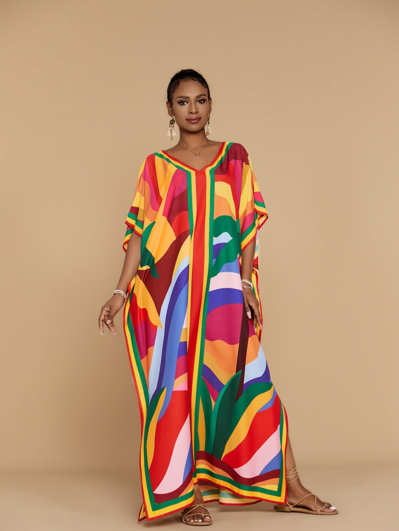 [Coconut Tree Printed Kaftan Dress] Christmas Red Yellow Coconut Tree Printed Kaftan Dress - Four Side Elastic Long Beach Holiday Style V-Neck Loose Large Size Swimwear Cover Up Ethnic Style Casual Home Robe